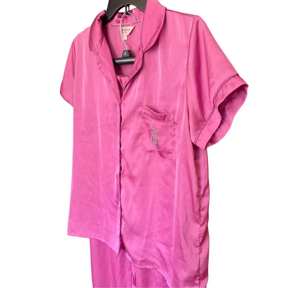 Juicy Couture Pink Satin Pajama Set | Rhinestone Bling Logo PJs Y2K Z M